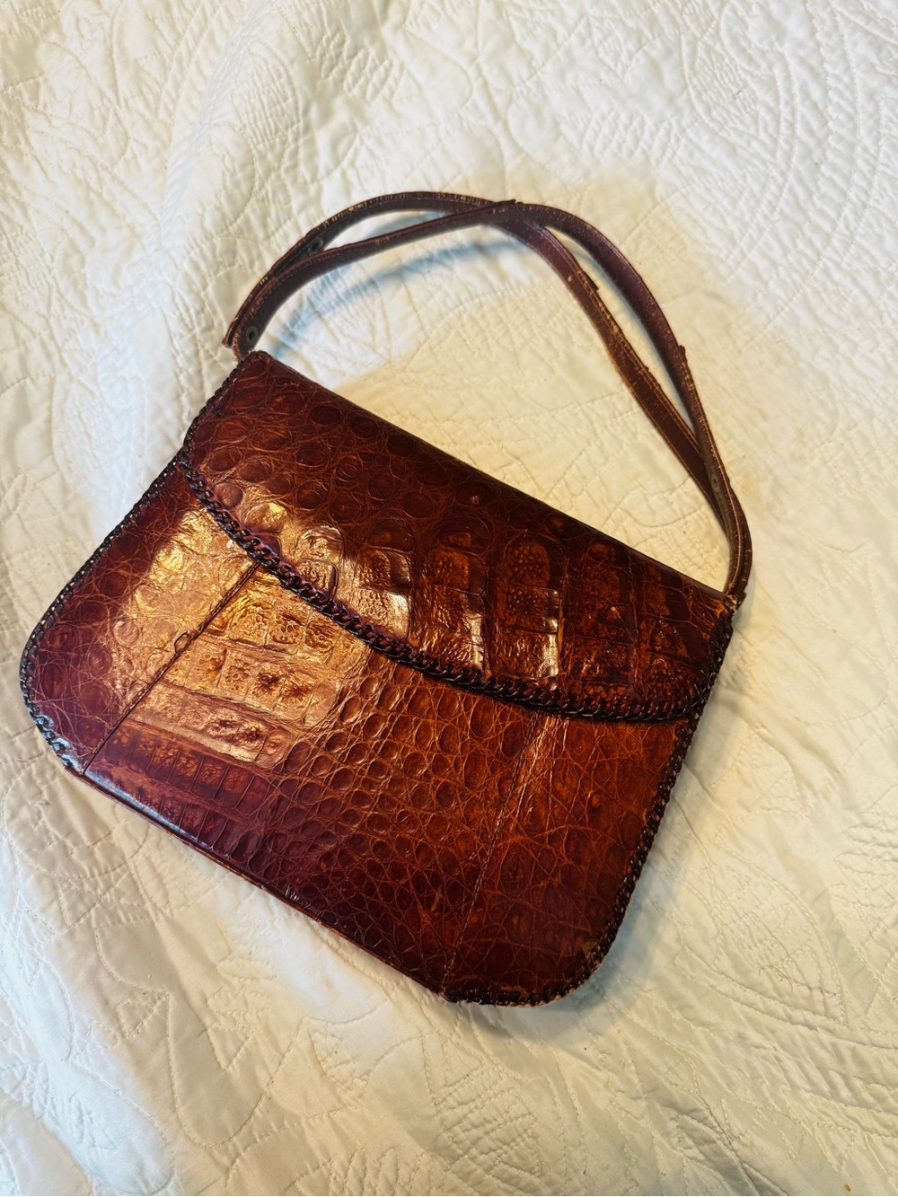 Croc-Embossed Brown Leather Shoulder Bag